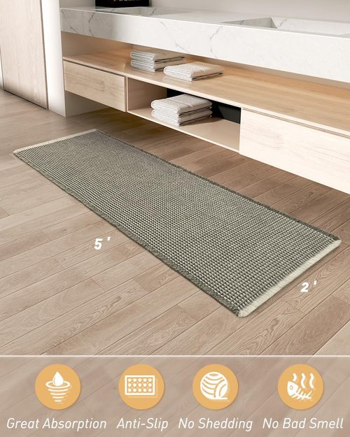 AMOAMI Upgraded Waffle Runner Rug Super Absorbent Non Slip Bath Mats for Bathroom Machine Washable Bathroom Runner Rug with Tassels, Ideal for Hallway Bedroom Laundry Room, 2' x 5', Green & Cream