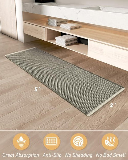 AMOAMI Upgraded Waffle Runner Rug Super Absorbent Non Slip Bath Mats for Bathroom Machine Washable Bathroom Runner Rug with Tassels, Ideal for Hallway Bedroom Laundry Room, 2' x 5', Green & Cream