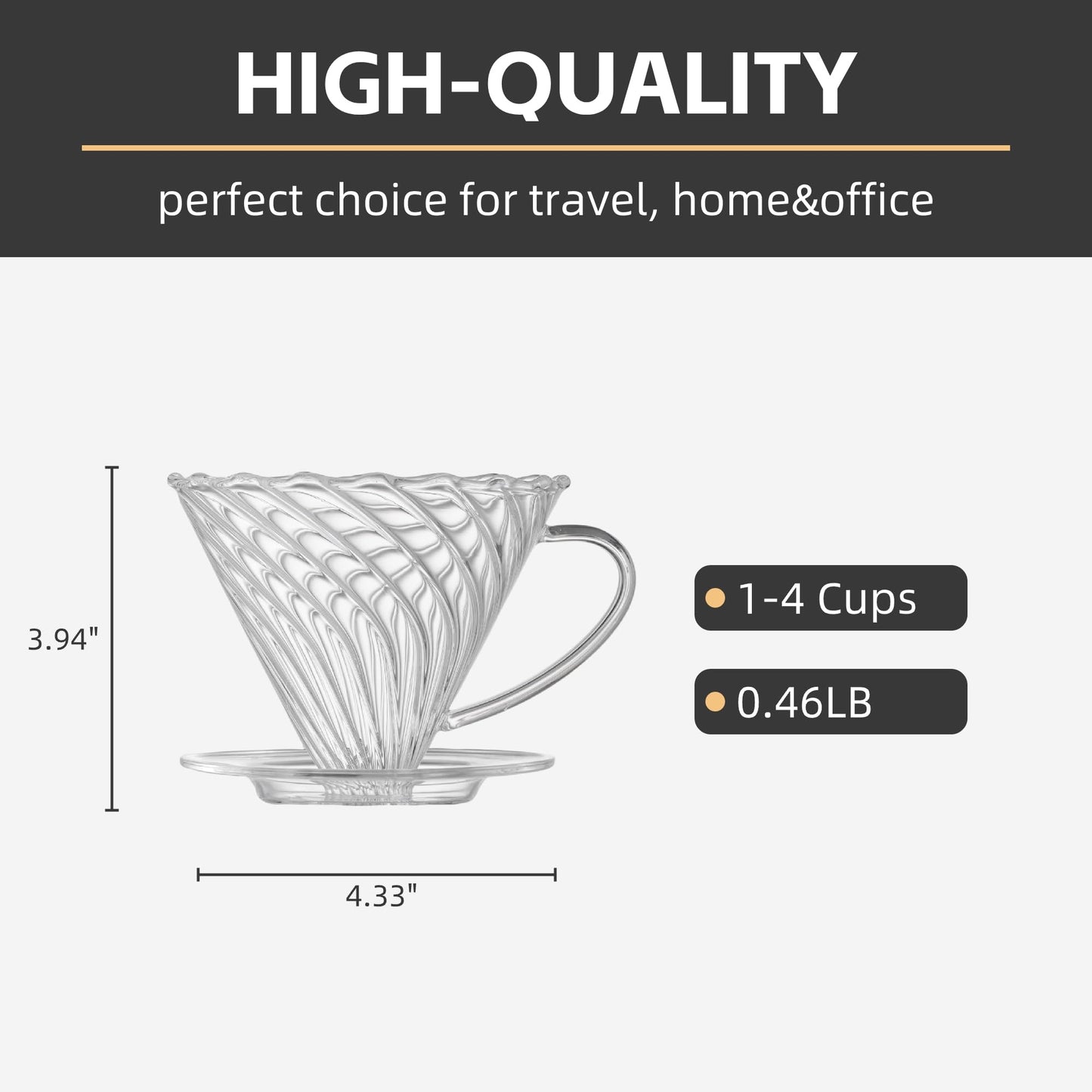 Vandroop Coffee Dripper, Resuable Pour Over Coffee Maker With Handle, Slow Brewing Coffee Pour Over for Cafe, Travel, Home&Offices, Single Cup Coffee Pour Over, #02 (Borosilicate Glass, 1-4 Cups)