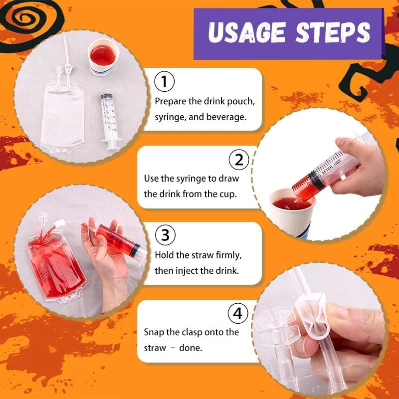 Halloween Blood Bags for Drinks 4 Pack with Syringe & Clips Set