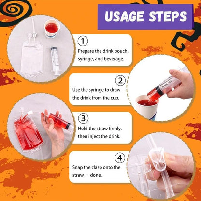 Halloween Blood Bags for Drinks 4 Pack with Syringe & Clips Set