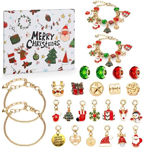 Gold Christmas Advent Calendar Bracelet - 24-Day Countdown with DIY Jewelry Kits & Charms for Girls 6-18