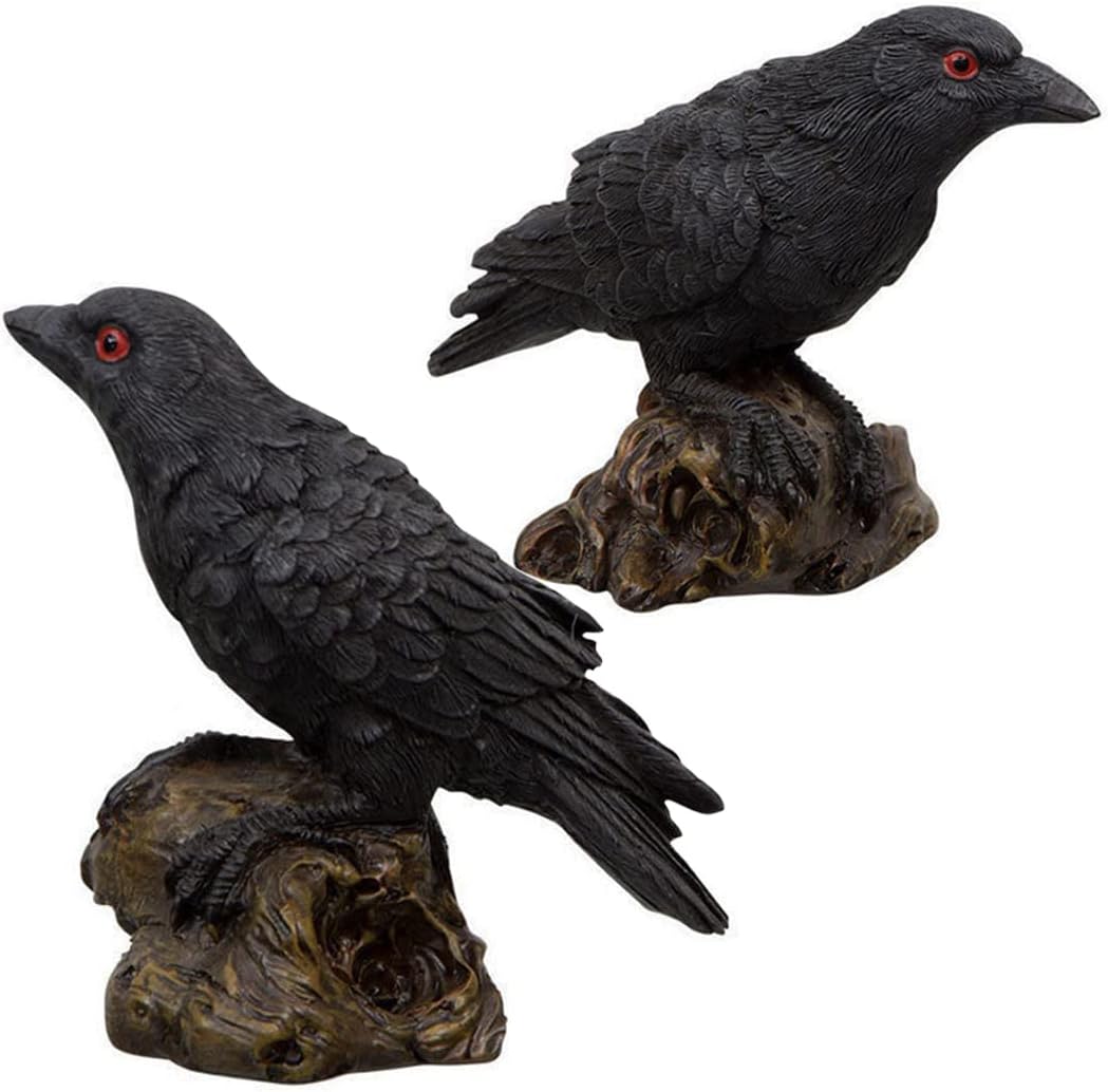 Skiennix 2PCS Resin Crow Raven Statues - Black Bird Halloween Decor | Realistic Model