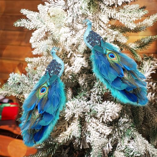 2 Pack Peacock Christmas Tree Ornaments Long Tail Feather Glitter Bird Decorations Classic Style
