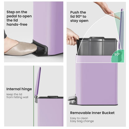 Cesun Small Bathroom Trash Can - Soft Close Lid & Step Pedal, 6L Stainless Steel | Anti-Fingerprint Finish (Purple)