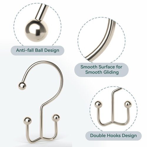 Goowin Shower Curtain Hooks, 12 Pcs Shower Curtain Rings, Durable Shower Curtain Rings Rust Proof, Double Glide Shower Rings for Curtain, Simple Shower Hooks for Shower Curtain & Liner, Brush Nickel