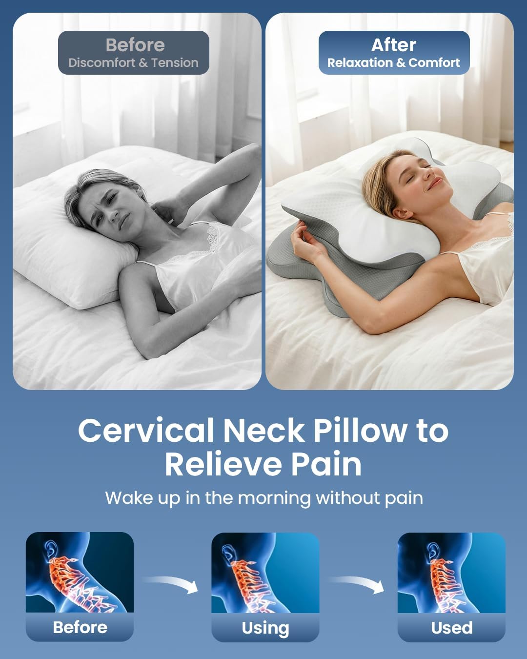 Skiennix Cervical Pillow - Ergonomic Memory Foam Contour Design for Neck Pain Relief | 4-Height Adjustable