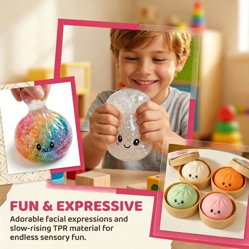 Dumpling Squeeze Toy - Glitter Stress Relief Ball with Steamer Box | Soft Sensory Gift for Kids & Adults (A-Blue)