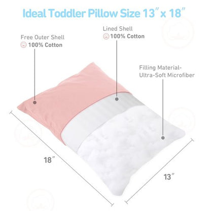 Babebay Toddler Pillow - Soft 13x18 Inch Sleeping Pillow with Cotton Case | Machine Washable (Pink)