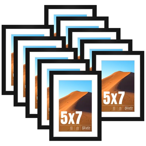 LaVie Home 5x7 Picture Frame Black Set of 10, Display 4x6 with Mat or 5 x 7 Without Mat Picture, Photo Frame Collage for Wall Gallery or Table Deco, Hanging or Tabletop Display
