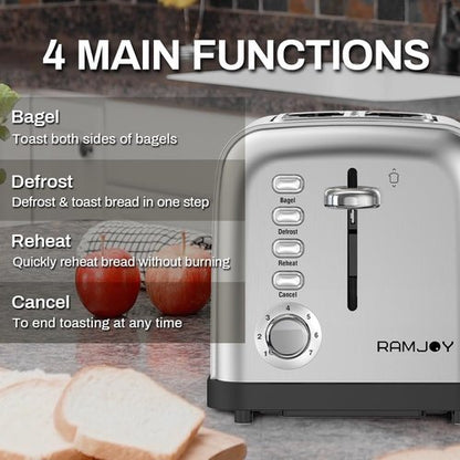 Brushed Stainless Steel 2-Slice Toaster - Extra Wide Slots for Bagels & Waffles | 7 Shade Settings