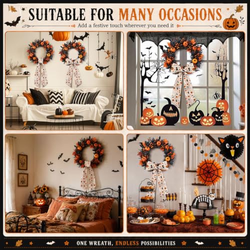 Halloween Wreath Sash Set - 2pcs 56 Inch Pumpkin Ghost Black Cat Satin Decorations