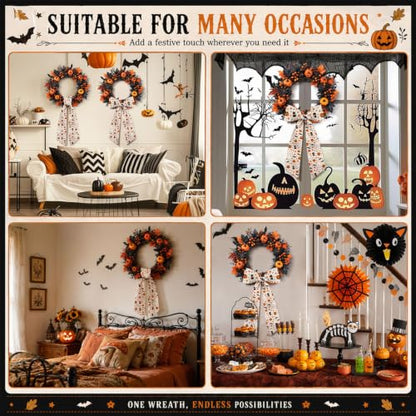 Halloween Wreath Sash Set - 2pcs 56 Inch Pumpkin Ghost Black Cat Satin Decorations