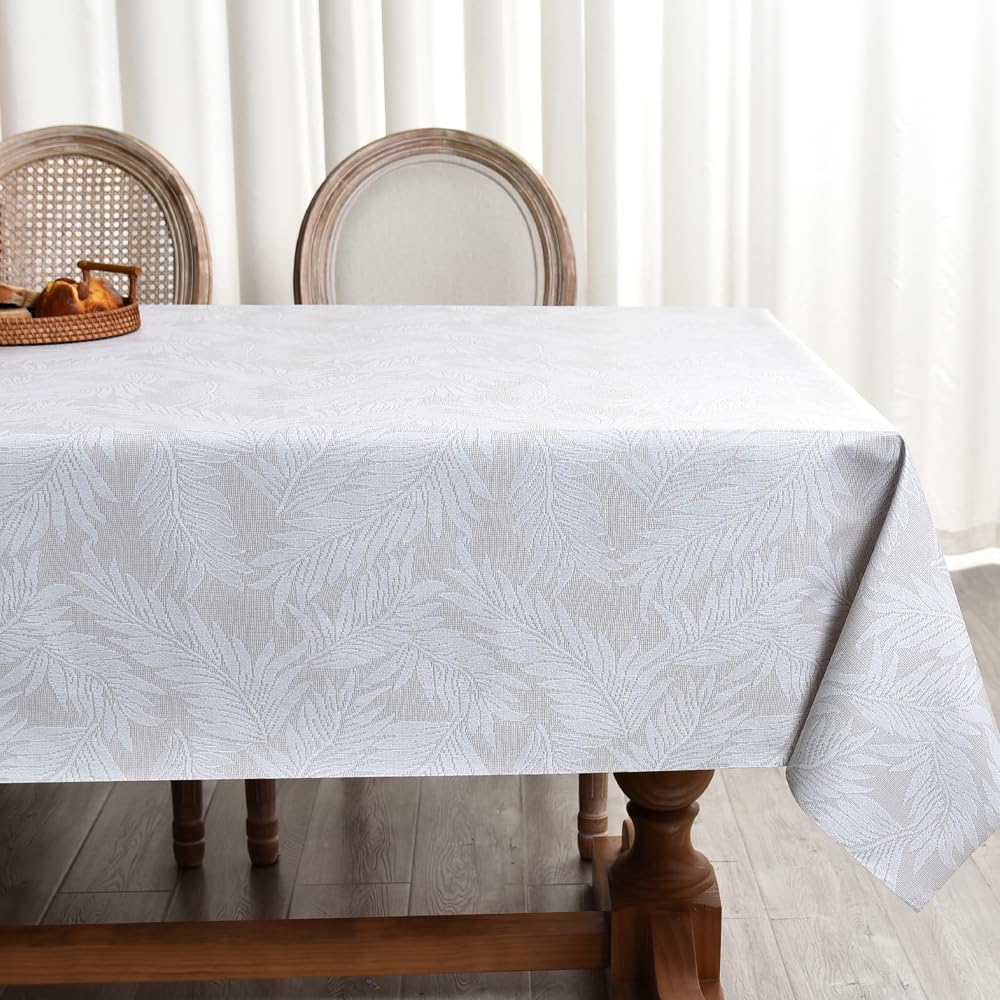 Zobesta Vinyl Tablecloths for Rectangle Tables, Heavy Duty Vinyl Tablecloth Vinyl Table Cover Table Cloth Rectangle Table for Kitchen and Outdoor (Beige Leaves, 55 x 102 Inch, 8-10 Seats)