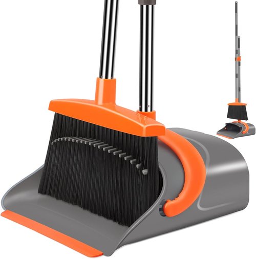 Ivandar Broom and Dustpan Set - Long Handle Combo for Home & Office | Gray & Orange Indoor/Outdoor Use