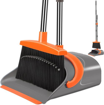 Ivandar Broom and Dustpan Set - Long Handle Combo for Home & Office | Gray & Orange Indoor/Outdoor Use