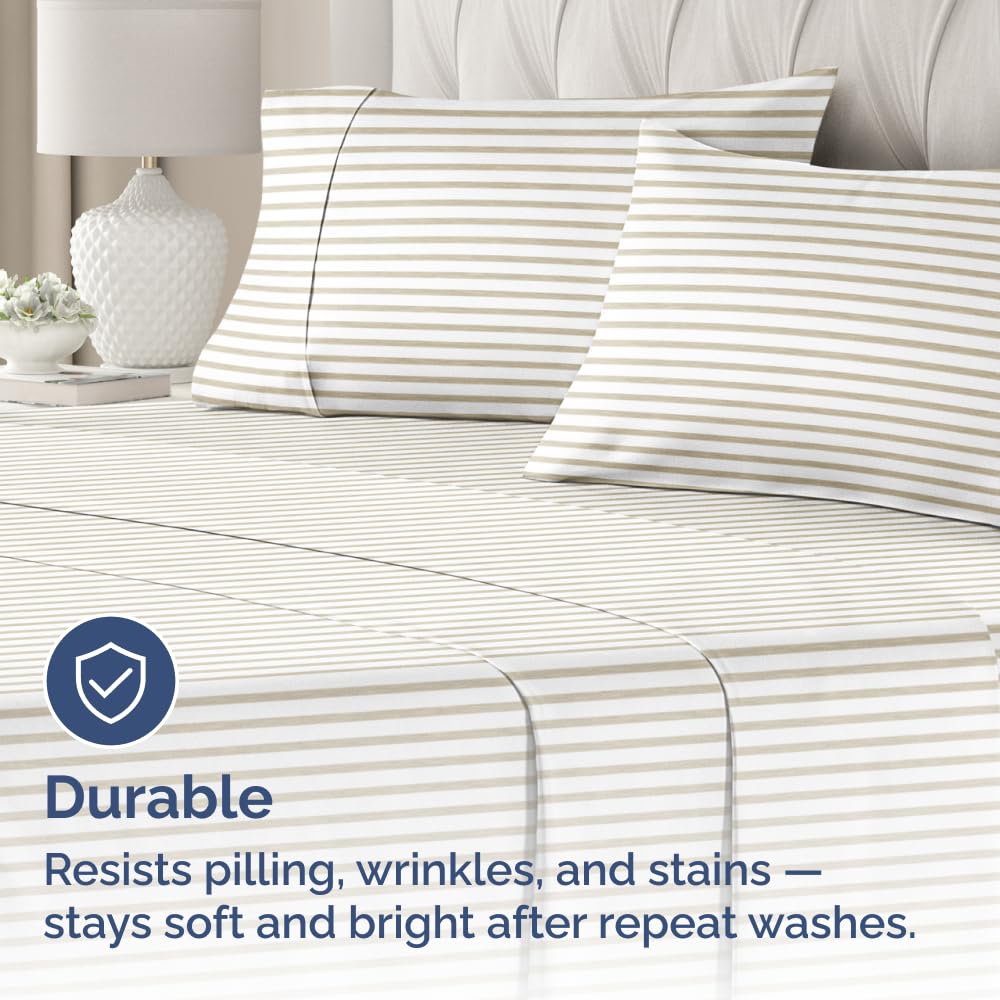 Standard Pillow Cases Set of 4 - Soft Hotel Quality Pillowcase Covers - Comfy, Cozy Bedding for Women, Men, Kids & Teens - Machine Washable Pillow Protectors - 4 Piece - Standard Size Beige Stripes