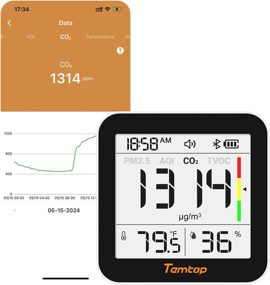 Temtop M10+ Indoor Air Quality Monitor - 6-in-1 PM2.5 & VOC Detector with E-Ink Display | Battery Powered, App-Enabled Temperature & Humidity Sensor