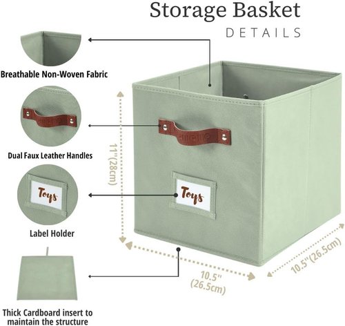 DECOMOMO Storage Bins - Fabric Cube Storage Bins with Labels | 10.5" x 11" | Set of 6, Sage Green