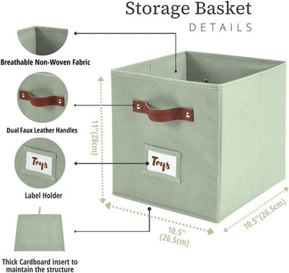 DECOMOMO Storage Bins - Fabric Cube Storage Bins with Labels | 10.5" x 11" | Set of 6, Sage Green