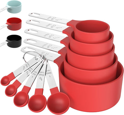 TILUCK Measuring Cups & Spoons Set - Stackable Kitchen Gadgets with Stainless Steel Handles | Red