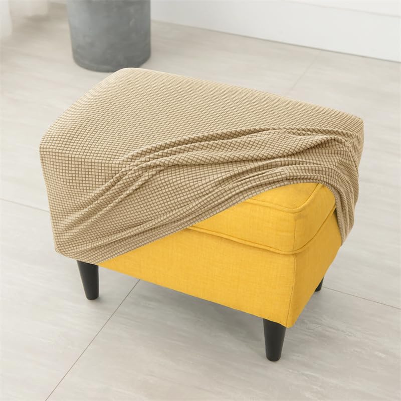 Stretch Waffle Corduroy Ottoman Cover - Small Footstool Slipcover - Rice Variation