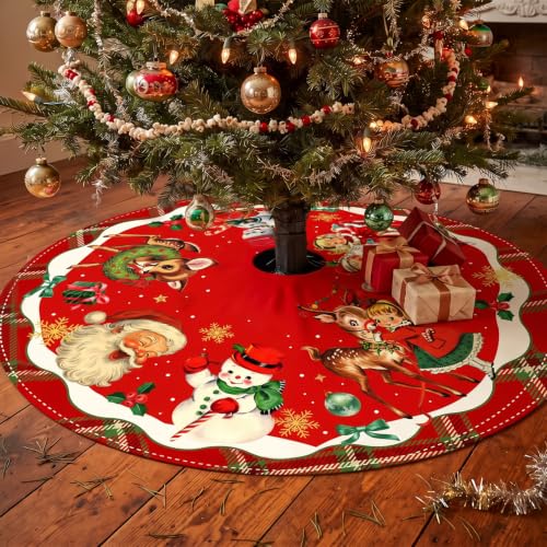 Vintage Christmas Tree Skirt with Santa and Retro Design, 48 Inch