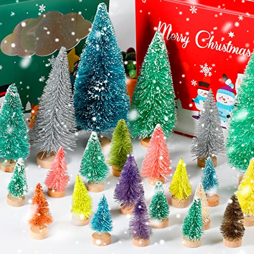50 Pcs Mini Christmas Tree Set - MixColor Bottle Brush Trees with Wooden Bases