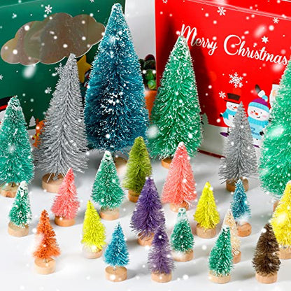 50 Pcs Mini Christmas Tree Set - MixColor Bottle Brush Trees with Wooden Bases