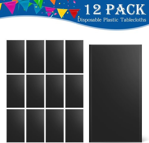 Black 84-Inch Round Disposable Plastic Tablecloths - 12 Pack for Parties & Events