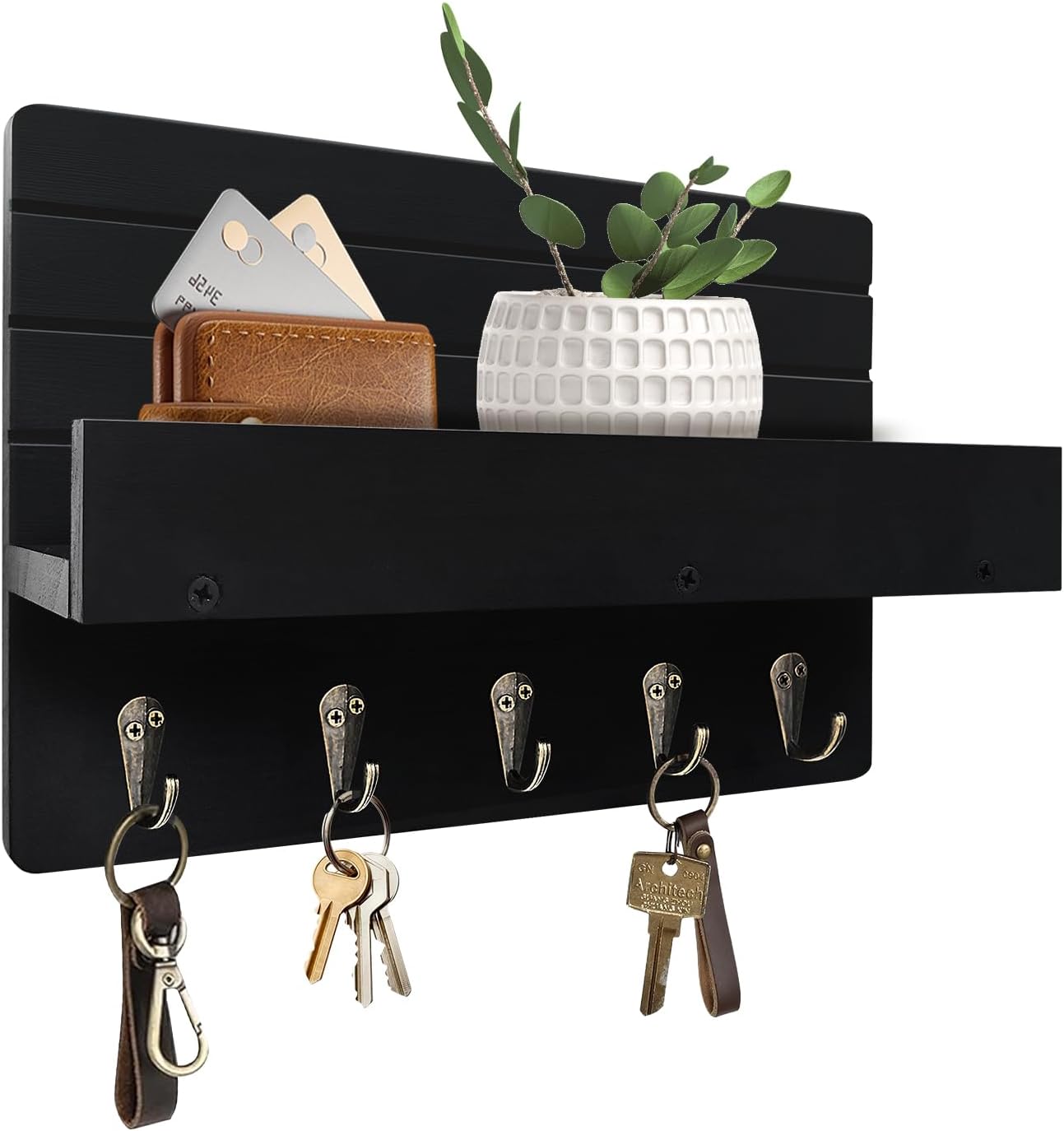 Regine Switzerland Key Holder Wall Mount - Rustic Wooden Key Rack with Shelf & 5 Sturdy Hooks for Entryway Organization