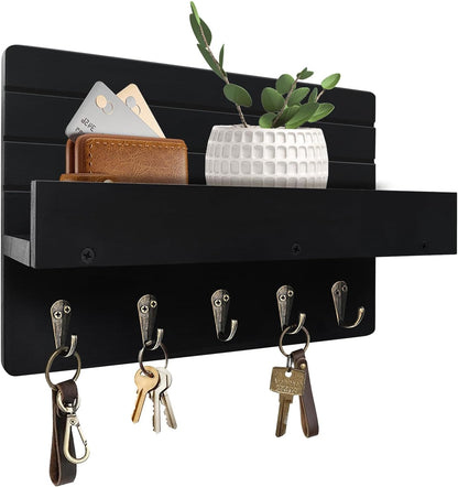 Regine Switzerland Key Holder Wall Mount - Rustic Wooden Key Rack with Shelf & 5 Sturdy Hooks for Entryway Organization