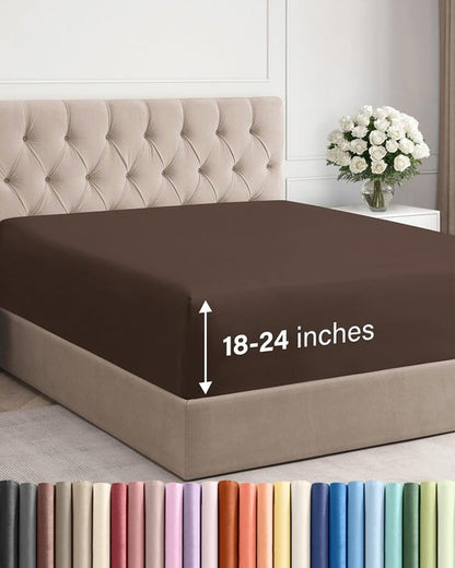 Extra Deep King Fitted Sheet - Hotel Luxury Single Fitted Sheet Only - Easily Fits 18 inch to 24 inch Mattress - Ultra Soft, Wrinkle Free w/Extra Deep Pockets - Easy-Care, Breathable & Comfy - Brown
