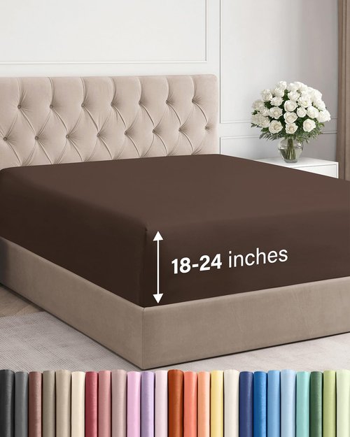 Extra Deep King Fitted Sheet - Hotel Luxury Single Fitted Sheet Only - Easily Fits 18 inch to 24 inch Mattress - Ultra Soft, Wrinkle Free w/Extra Deep Pockets - Easy-Care, Breathable & Comfy - Brown