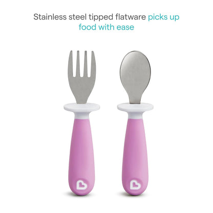 Munchkin® Raise™ Toddler Fork and Spoon Utensil Set - BPA Free, Rest Keeps Tips Off Table, 4 Pack, Pink/Purple