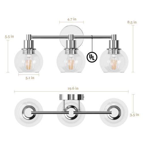 Espird 3 Lights Bathroom Vanity Light Fixtures Chrome, Bathroom Lights Over Mirror, Industrial and Farmhouse 3 Light Wall Sconce, Polished Chrome Globe Vanity Lighting Fixtures