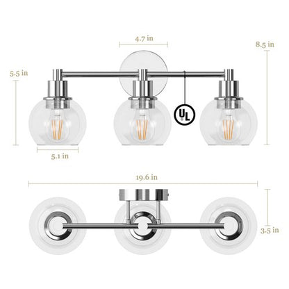 Espird 3 Lights Bathroom Vanity Light Fixtures Chrome, Bathroom Lights Over Mirror, Industrial and Farmhouse 3 Light Wall Sconce, Polished Chrome Globe Vanity Lighting Fixtures