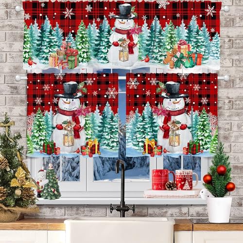 Snowman Christmas Kitchen Curtains Set with Valance - Snowmantree, 54"W x 24"L