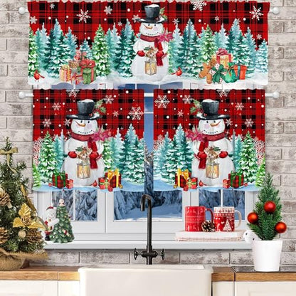 Snowman Christmas Kitchen Curtains Set with Valance - Snowmantree, 54"W x 24"L