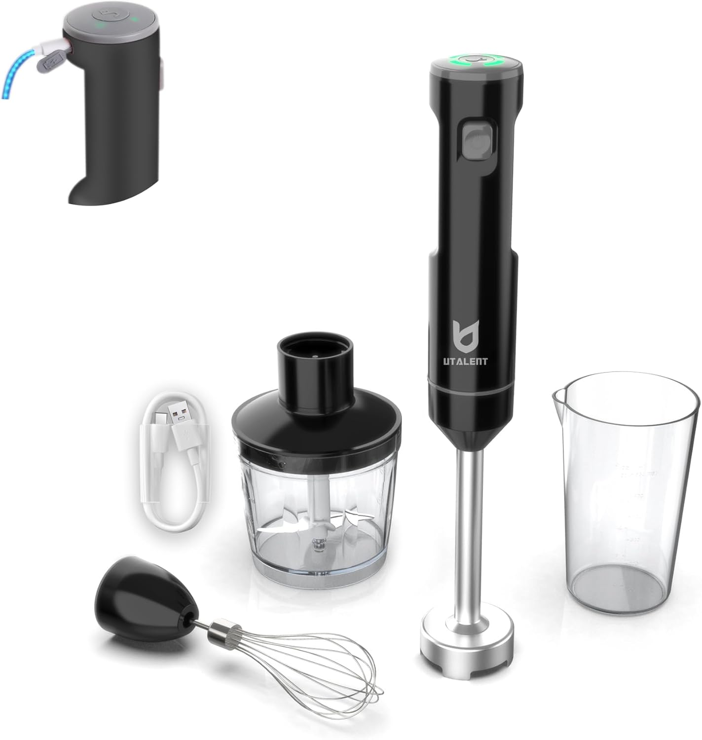 UTALENT Cordless Hand Blender - Variable Speed Immersion Blender with 500ml Chopper & Whisk | Black