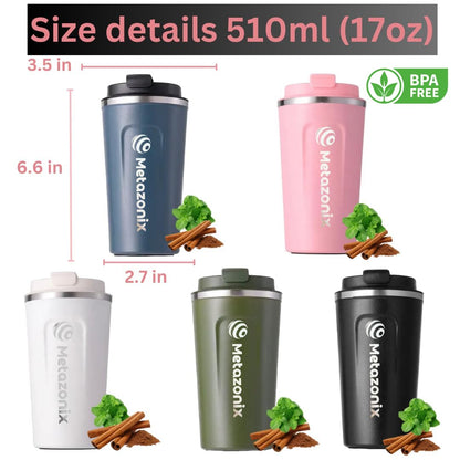 Metazonix - Travel Coffee Mug - 17oz Stainless Steel Coffee Mug - Coffee Travel Mug Spill Proof Leak Proof - Insulated Coffee Mug With Lid - Travel Coffee Tumbler - BPA Free Army Green