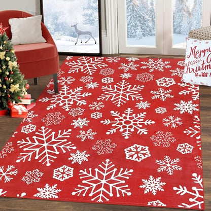 GlowSol Christmas Snowflakes Rug 5x7 ft Washable Non-Slip Holiday Rug for Living Room and Kitchen - Red