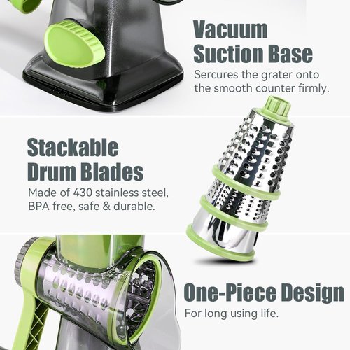 KEOUKE Rotary Cheese Grater - Hand Crank Shredder with 3 Stainless Steel Blades | Safe & Labor-Saving Kitchen Tool
