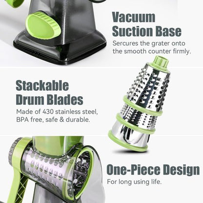 KEOUKE Rotary Cheese Grater - Hand Crank Shredder with 3 Stainless Steel Blades | Safe & Labor-Saving Kitchen Tool