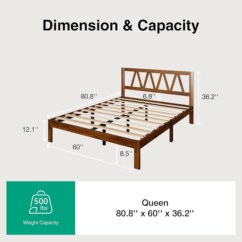 Walnut 12 Inch Queen Bed Frame with Headboard – Solid Wood, No Box Spring Required, Easy Assembly