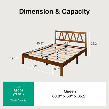 Walnut 12 Inch Queen Bed Frame with Headboard – Solid Wood, No Box Spring Required, Easy Assembly