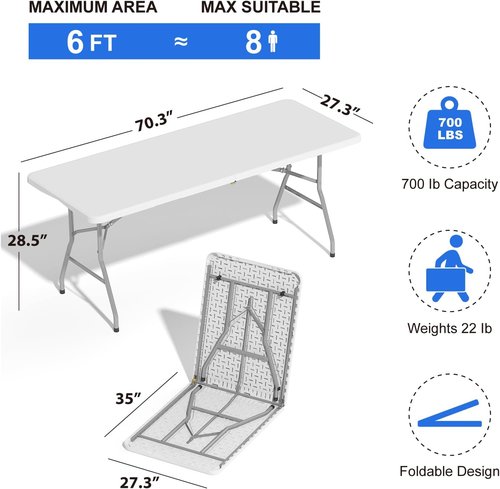 Heavy Duty 6FT Folding Table by [Brand Name] - Portable Plastic Utility Table for Indoor/Outdoor Events | White