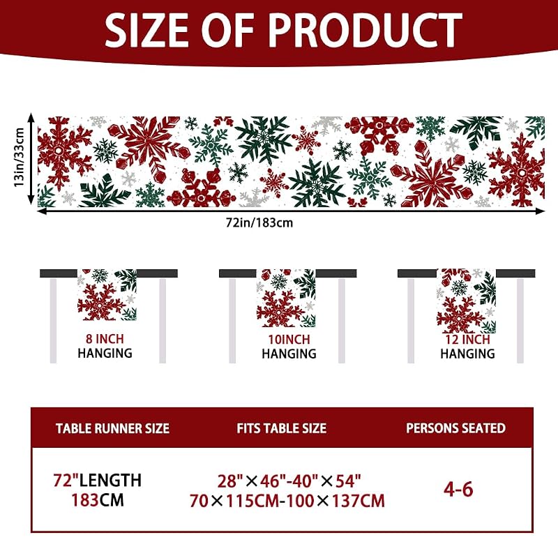 Christmas Winter Table Runner, Red Green Silver Snowflakes 13x72in - Variation: Red Green Silver+13x72in