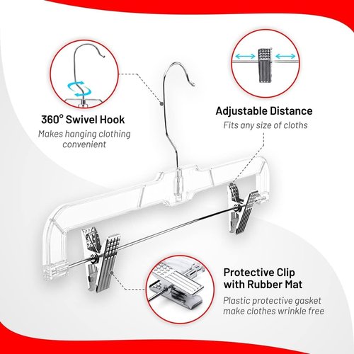 DEILSY™ Skirt Hangers - Non-Slip Clips for Pants & Shorts - Clear Plastic, Pack of 12