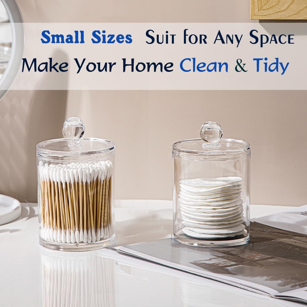 Qtip Holder Dispenser - 4 Pack Clear Plastic Apothecary Jar Set for Cotton Balls & Swabs | Bathroom Storage Organizer